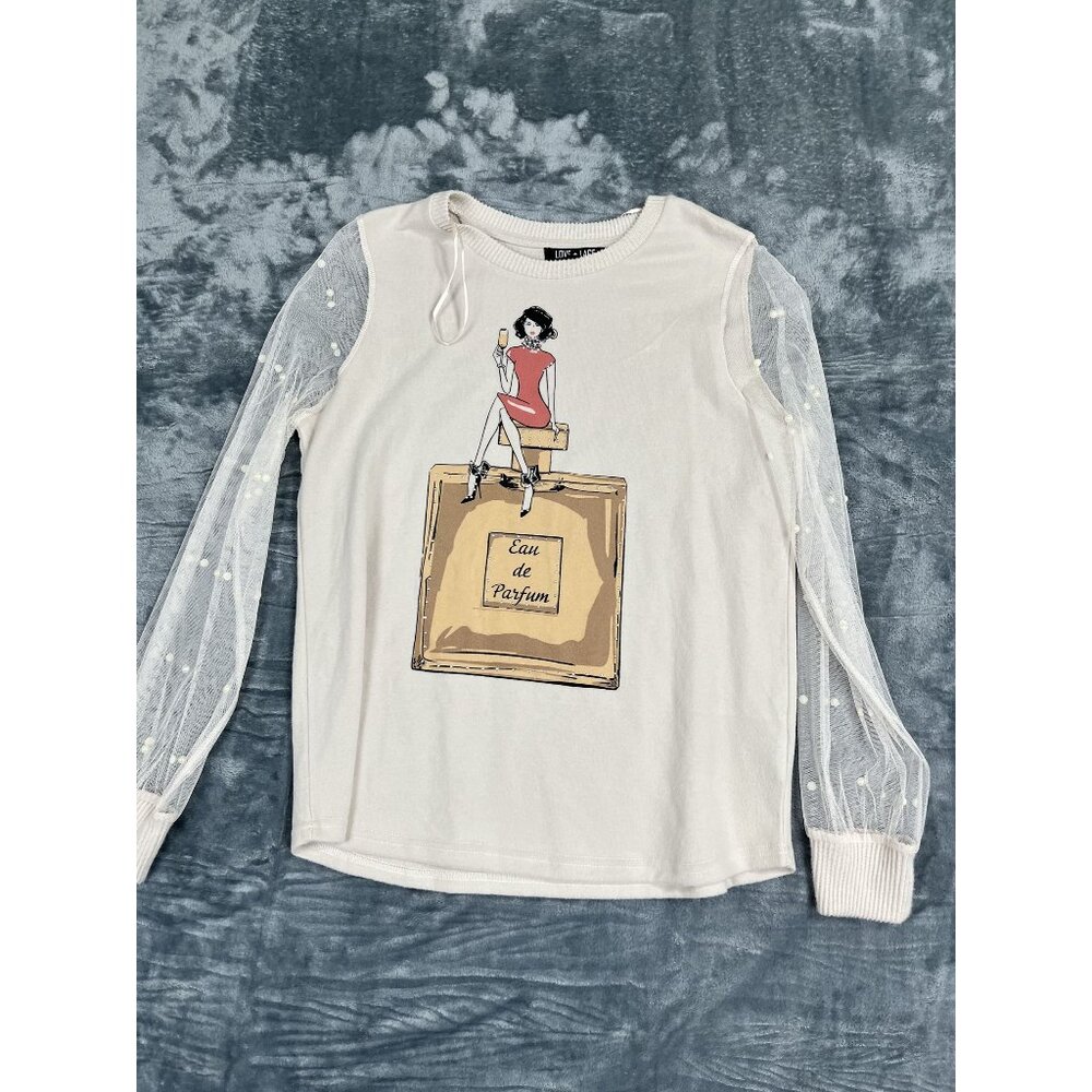 Love + Lace Womens Graphic Top With Mesh Pearl Sleeve M